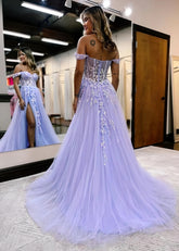 Honey | Lilac Ball Gown Princess Off the Shoulder Backless Prom Dress with Slits - Lilac - PromDressClub
